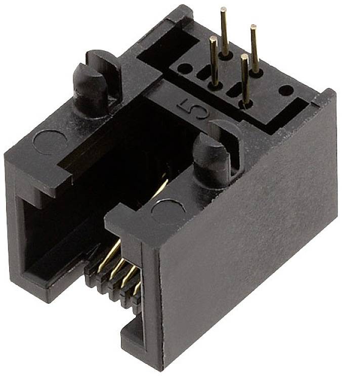 Prise Ethernet noire avec quatre broches métalliques en haut et huit points de connexion à l'intérieur. Elle sert à connecter des câbles réseau.