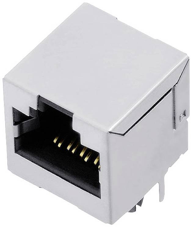 Prise de connexion Ethernet, rectangulaire, argentée, avec contacts métalliques apparents, pour connexions réseau.