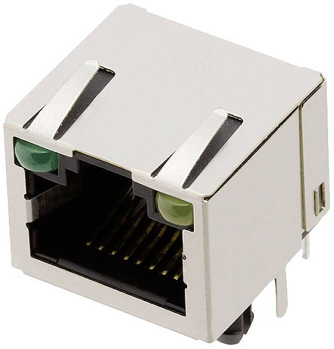 Connecteur Ethernet argenté avec deux voyants LED pour les connexions réseau.