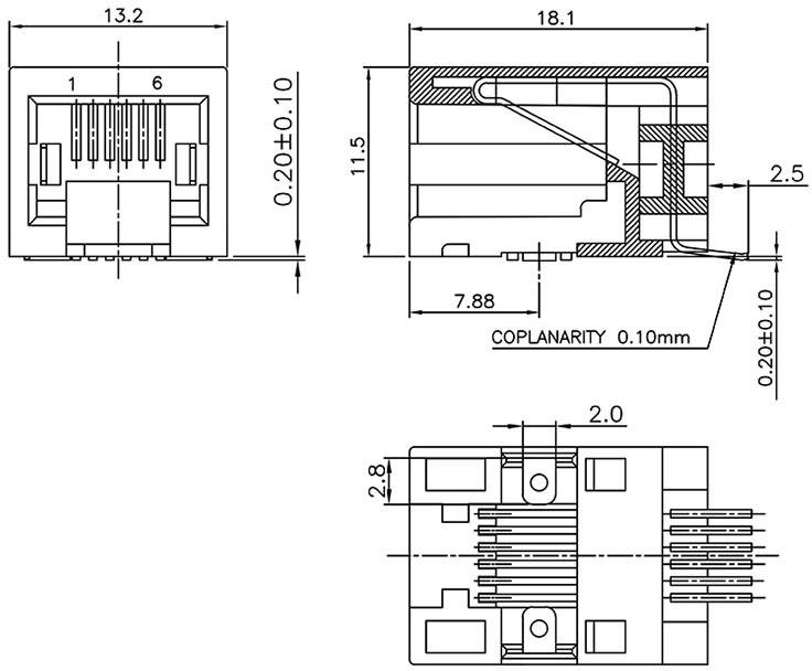 Dessin technique d'un connecteur avec dimensions en millimètres. Présente les vues de face, de côté et de dessus pour un montage de précision.
