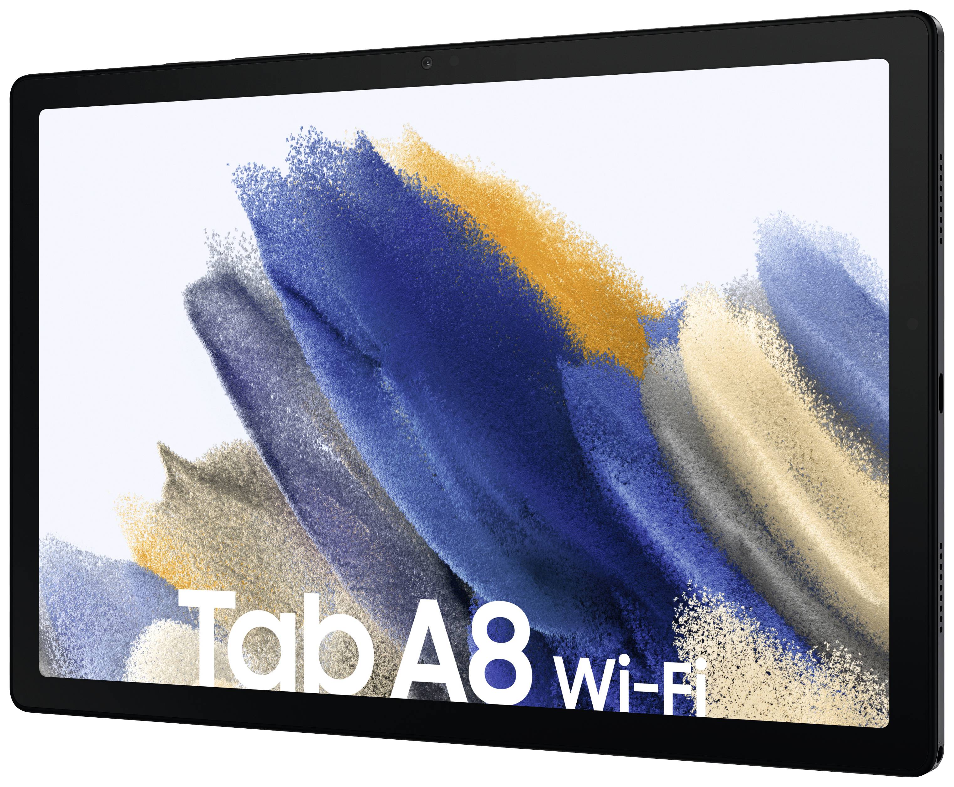 Un ordinateur tablette noir à grand écran affiche un art abstrait en bleu, jaune et beige. Texte sur l'écran : « Tab A8 Wi-Fi ».
