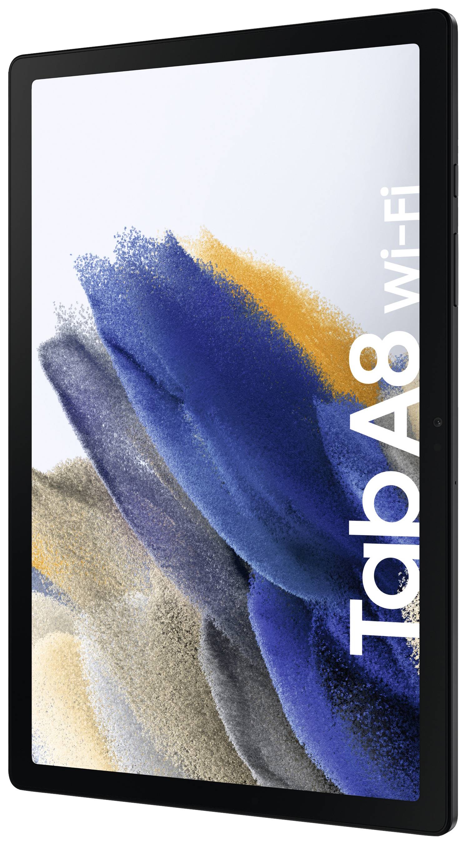 Tablette avec un bord noir. Sur l'écran, du sable coloré dans des tons de bleu, jaune et beige est représenté. Texte : 'Tab A8 Wi-Fi'.
