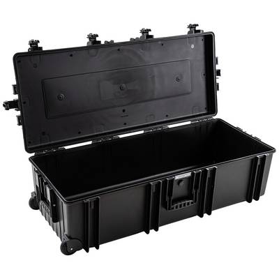 Valise rigide noire ouverte avec roulettes et fermoirs à clips, adaptée au transport sécurisé d'objets volumineux.