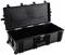 Valise rigide noire ouverte avec roulettes et fermoirs à clips, adaptée au transport sécurisé d'objets volumineux.
