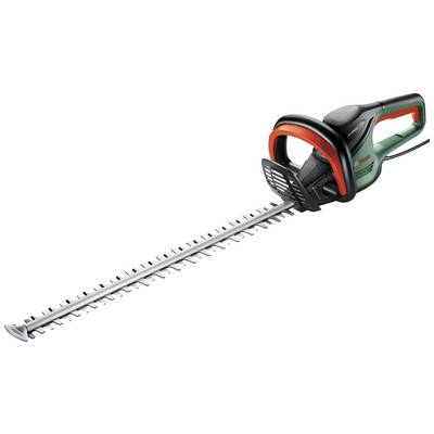 Un taille-haie électrique avec un boîtier vert et des poignées rouges. Il est conçu pour couper les haies dans les jardins.