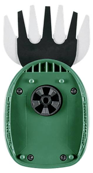 Tête de tondeuse à gazon électrique verte avec lames en plastique noir et blanc ou pièce jointe de peigne sur un fond blanc.