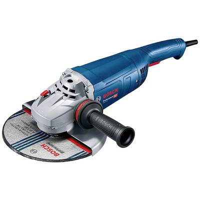 Une meuleuse d'angle Bosch bleue avec disque et poignée amovible, adaptée aux travaux de meulage et de coupe.