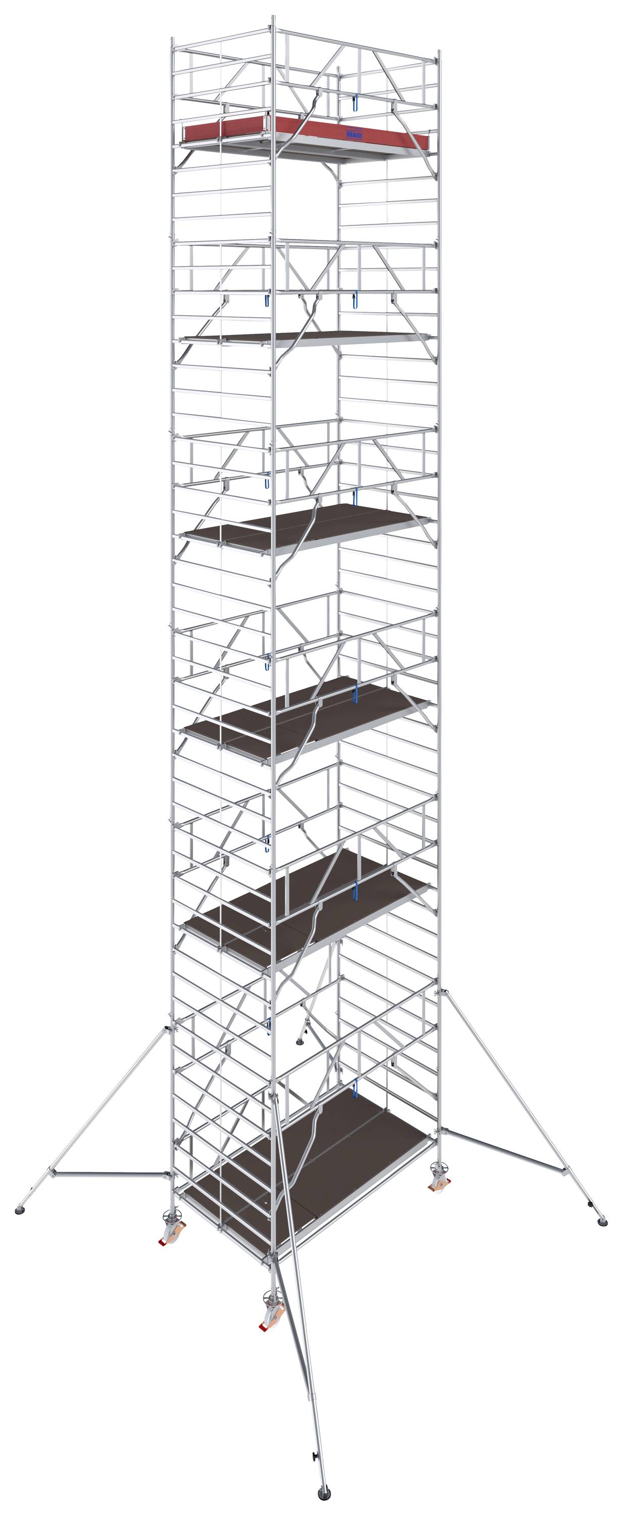 Illustration d'un échafaudage élevé à plusieurs niveaux. Des plateformes sont disposées à intervalles réguliers pour travailler à différentes hauteurs.