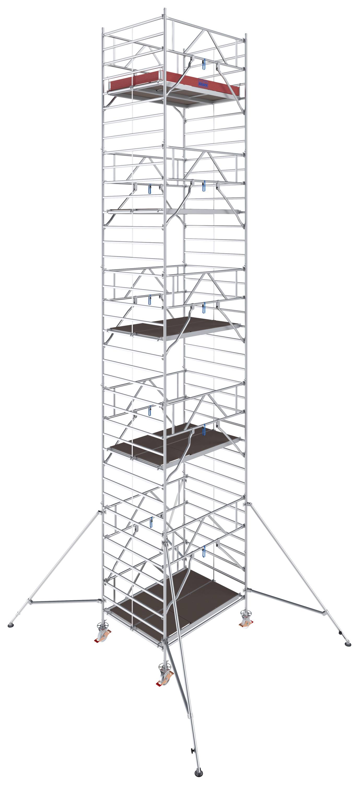 Un échafaudage haut et argenté avec plusieurs plateformes à intervalles réguliers et des supports stabilisateurs sur les côtés.