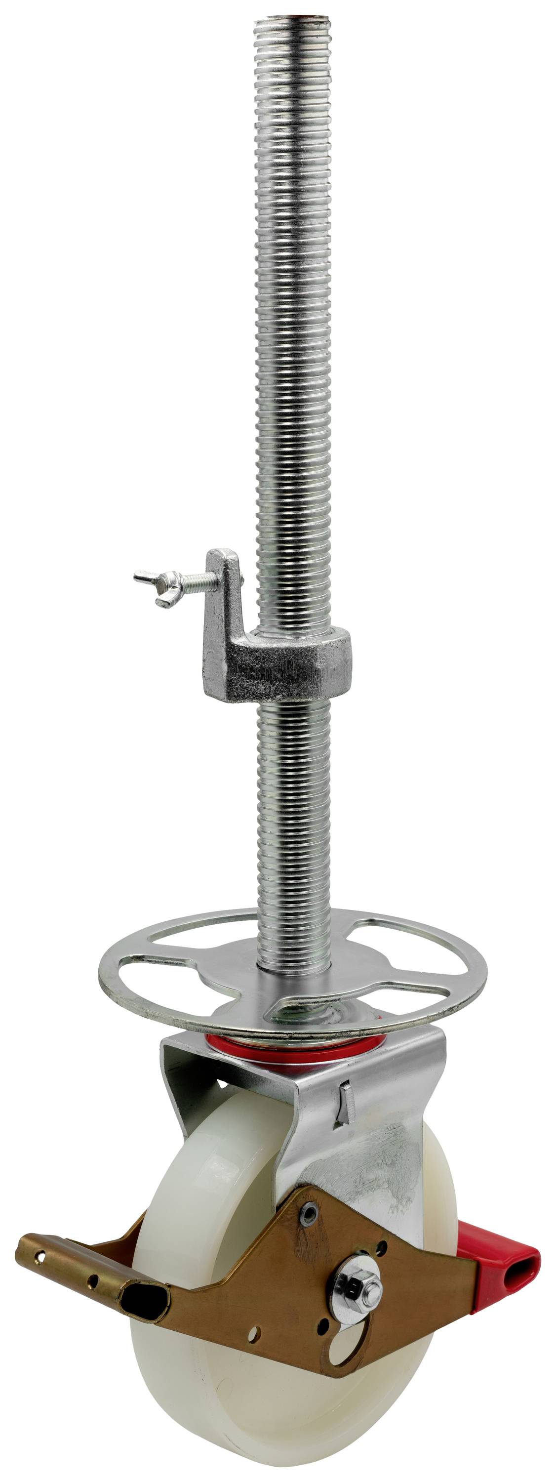 Une roue à roulette de direction avec une longue tige filetée et un mécanisme de verrouillage. Fabriquée en métal et en plastique. Idéale pour les charges lourdes.
