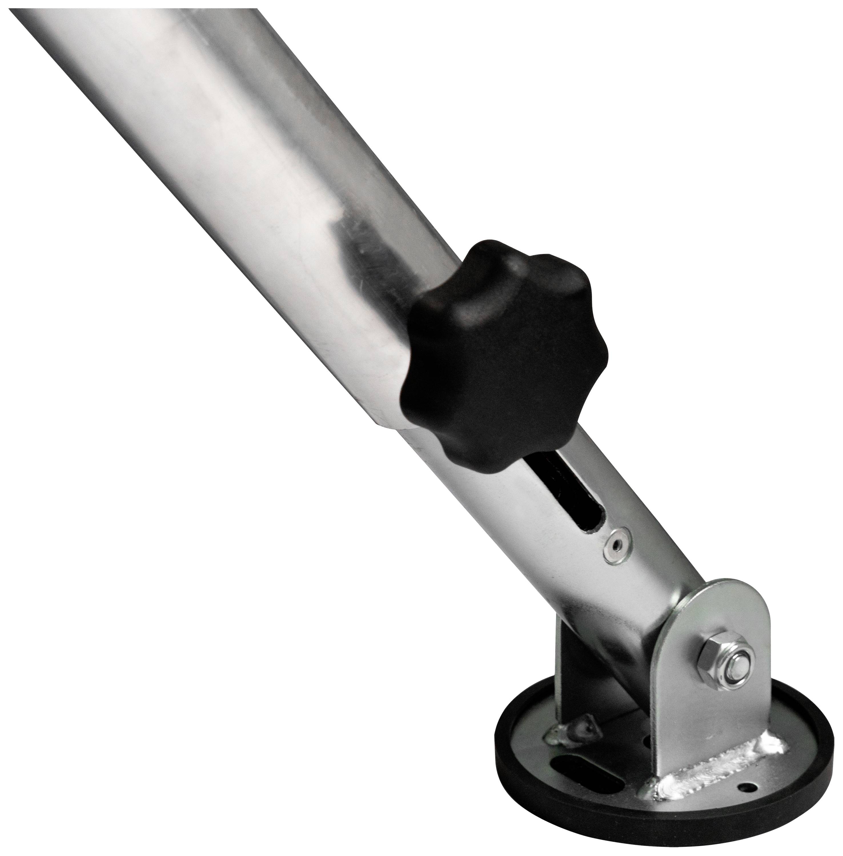 Tige télescopique métallique avec un bouton rotatif noir en forme d'étoile et une base ronde, fréquemment utilisée pour des constructions réglables.