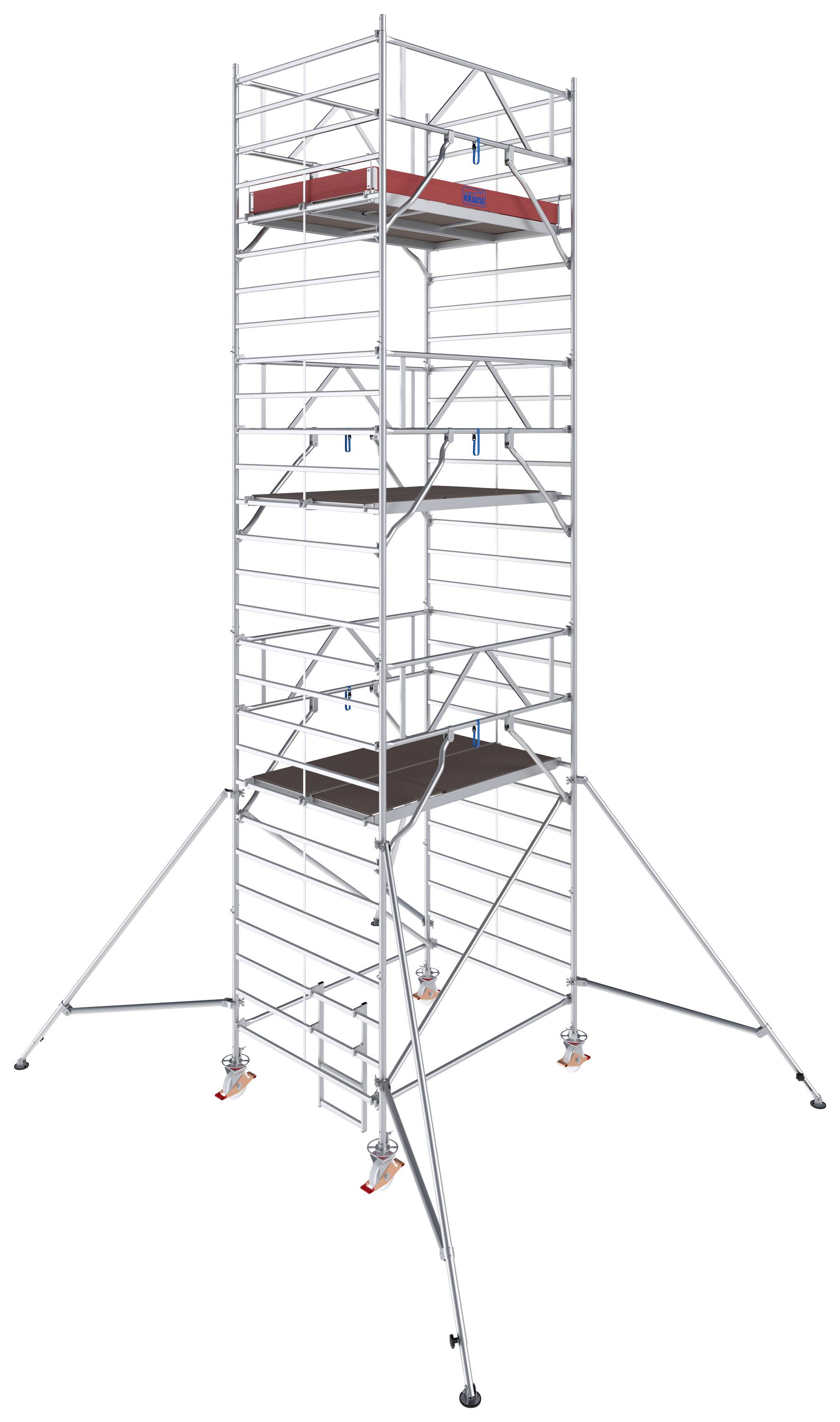 Un échafaudage élevé avec plusieurs plateformes et échelles, adapté aux travaux en hauteur. Stabilisé par des supports larges et ajustables.