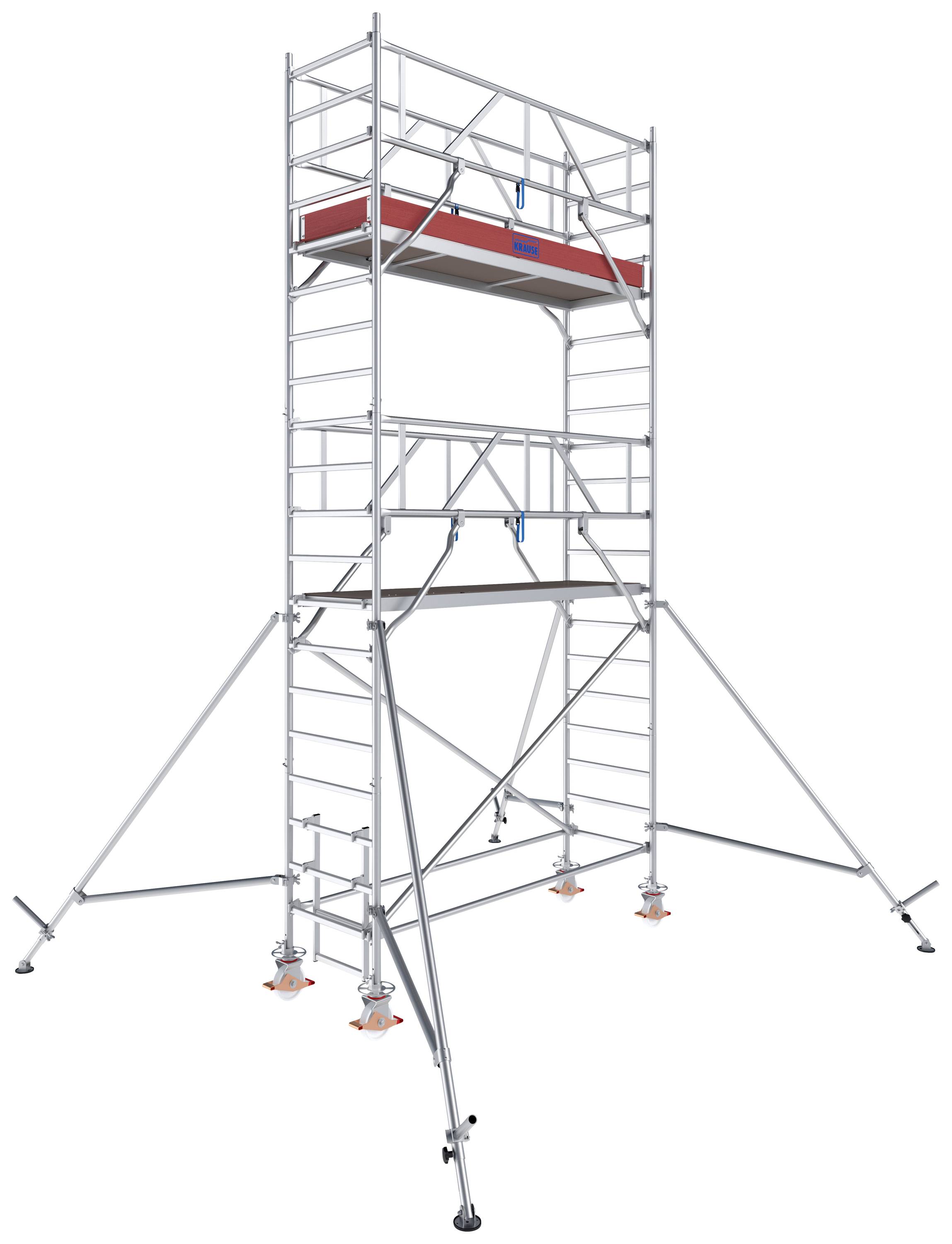 Échafaudage mobile avec des plateformes à deux niveaux, stabilisé par des supports télescopiques. Adapté aux travaux en hauteur.