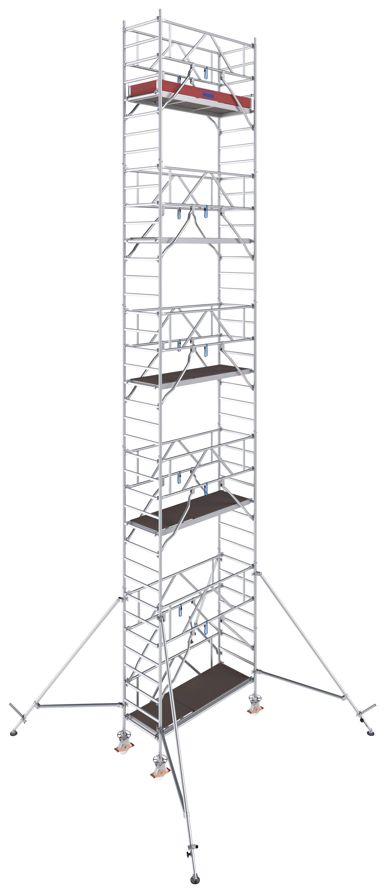Un échafaudage métallique élevé, équipé de plusieurs plateformes et stabilisateurs. Adapté aux travaux en hauteur.