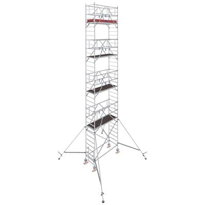 Un échafaudage haut avec plusieurs niveaux de plateformes, des supports dépliés et des échelles. Adapté pour les travaux en hauteur.