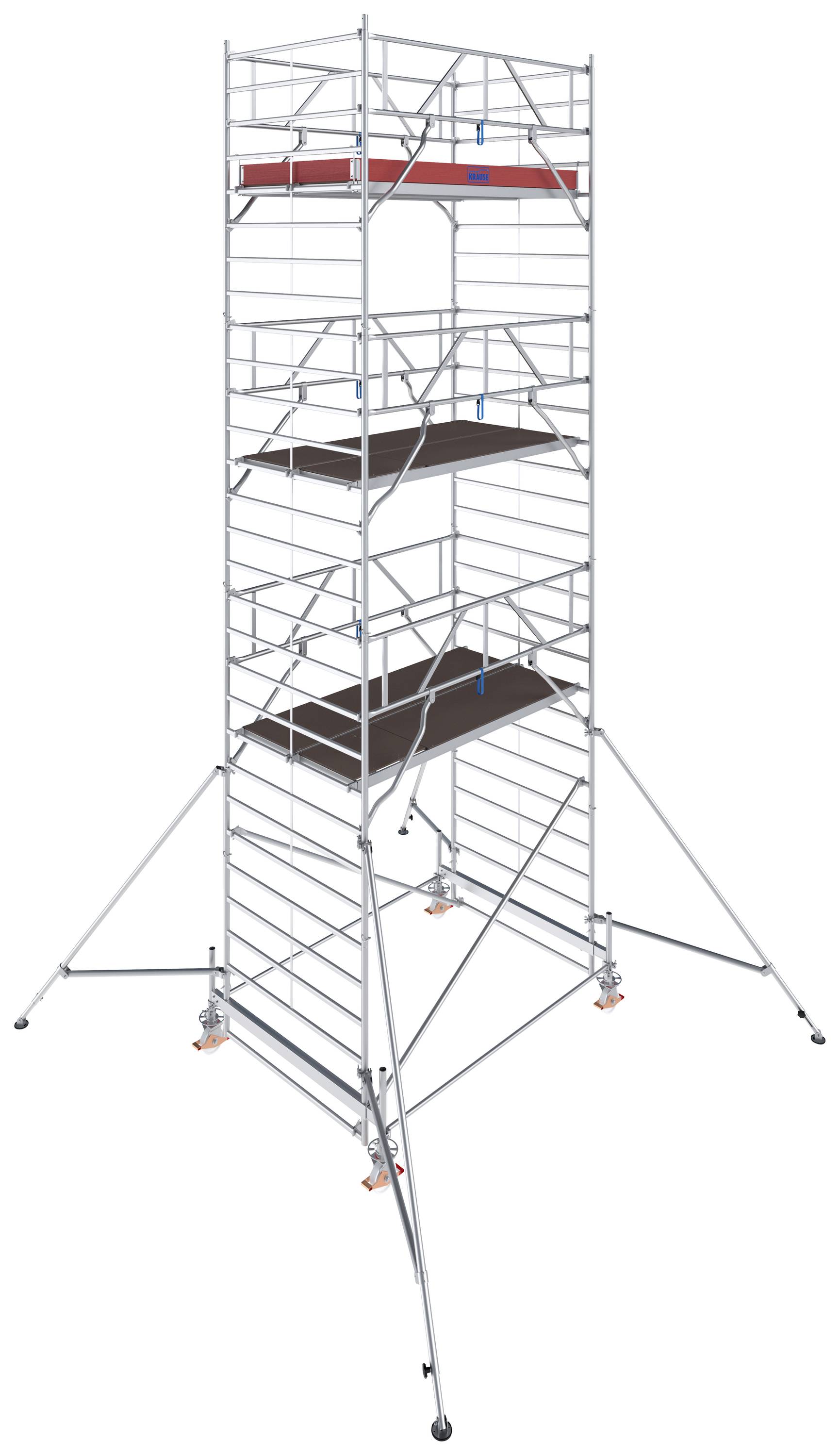 Un échafaudage mobile en métal avec quatre plateformes, reliées chacune par des échelles. Il dispose de stabilisateurs sur les côtés.