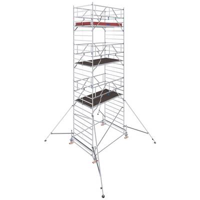 Un échafaudage mobile en métal avec quatre plateformes, reliées chacune par des échelles. Il dispose de stabilisateurs sur les côtés.