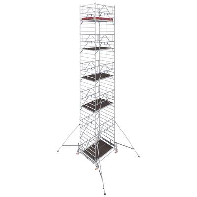 Un système d'échafaudage modulaire élevé avec plusieurs niveaux et entretoises de stabilisation, adapté aux travaux en hauteur.