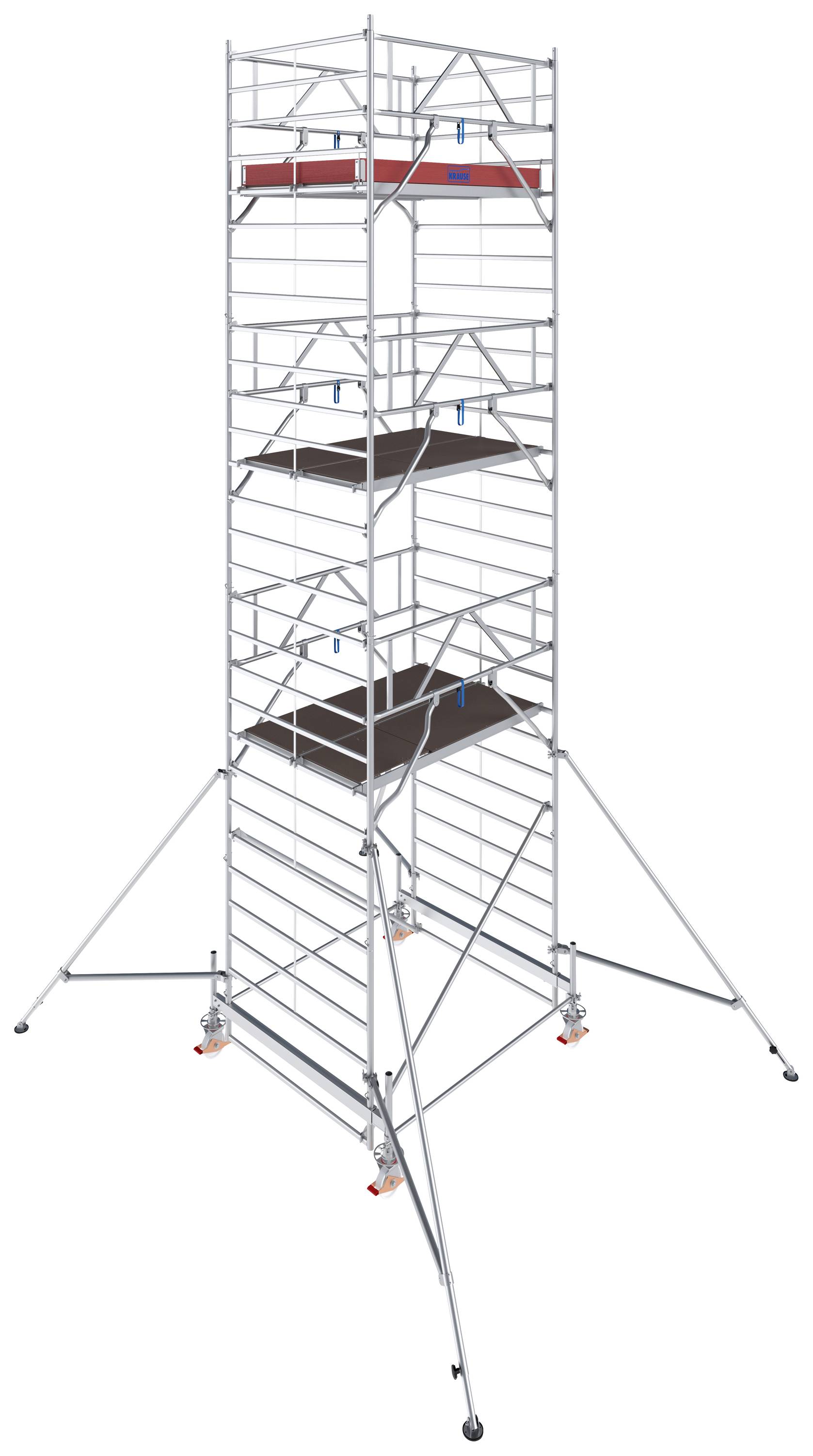 Un échafaudage métallique élevé avec plusieurs plateformes et garde-corps de sécurité. Il est solidement installé sur quatre supports extensibles.