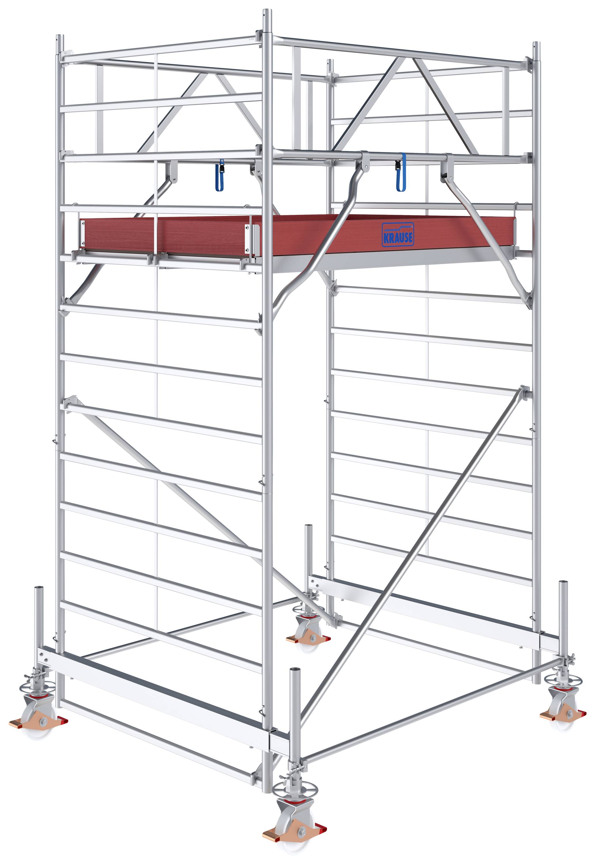 Un échafaudage métallique avec une plateforme rouge, stabilisé par quatre pieds de support. Principalement utilisé pour des travaux de construction ou de maintenance.