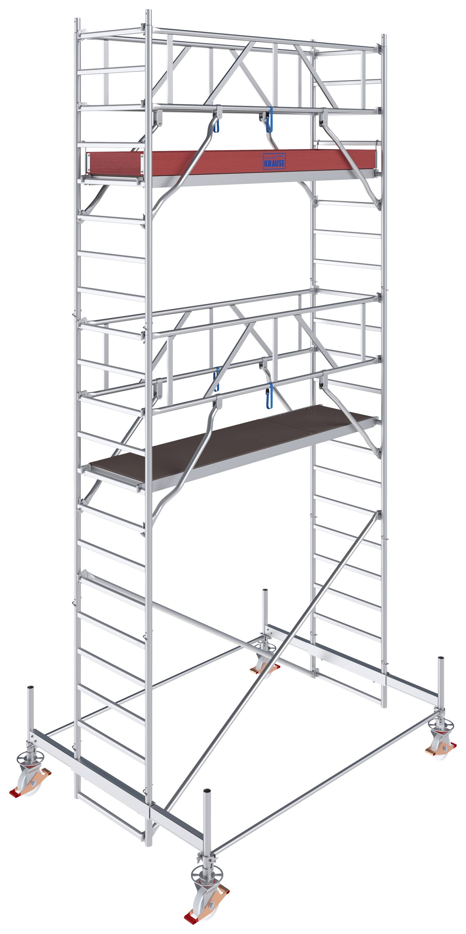Un échafaudage mobile en métal à plusieurs niveaux et plateformes. Adapté aux travaux en hauteur, avec des pieds stabilisateurs.