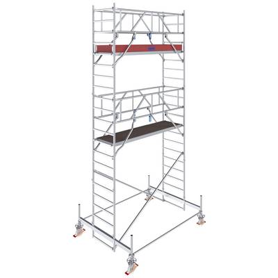 Un échafaudage mobile en métal à plusieurs niveaux et plateformes. Adapté aux travaux en hauteur, avec des pieds stabilisateurs.