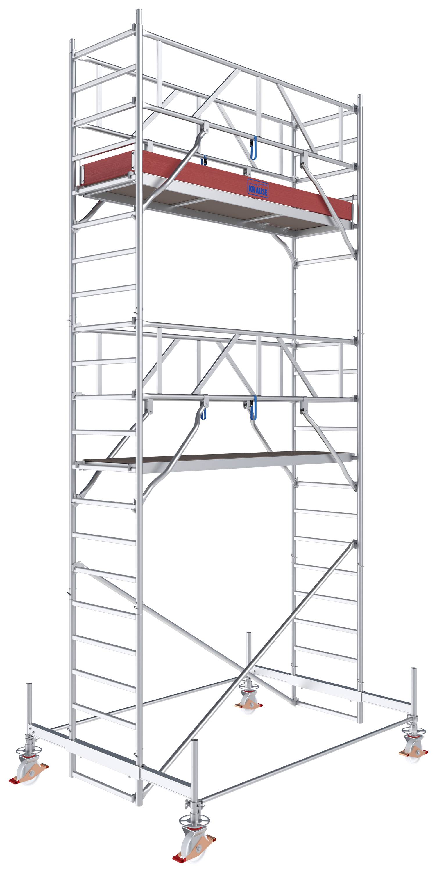 Un échafaudage mobile en métal avec des plateformes à différentes hauteurs. Équipé de huit roulettes pour une mobilité et une stabilité flexibles.