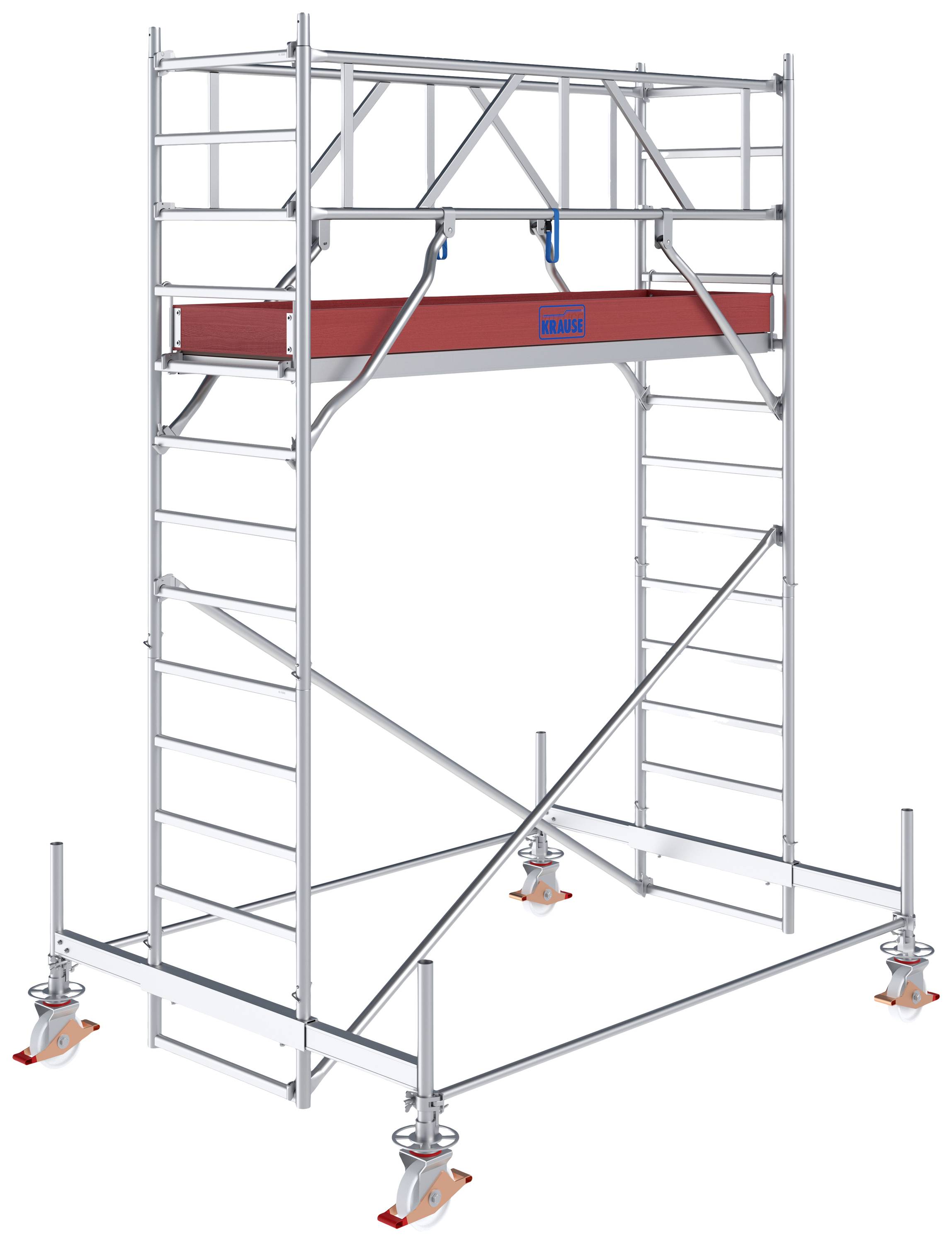 Un échafaudage mobile en argent, adapté aux travaux en hauteur. Traverse transversale en rouge, avec marquage en bleu.