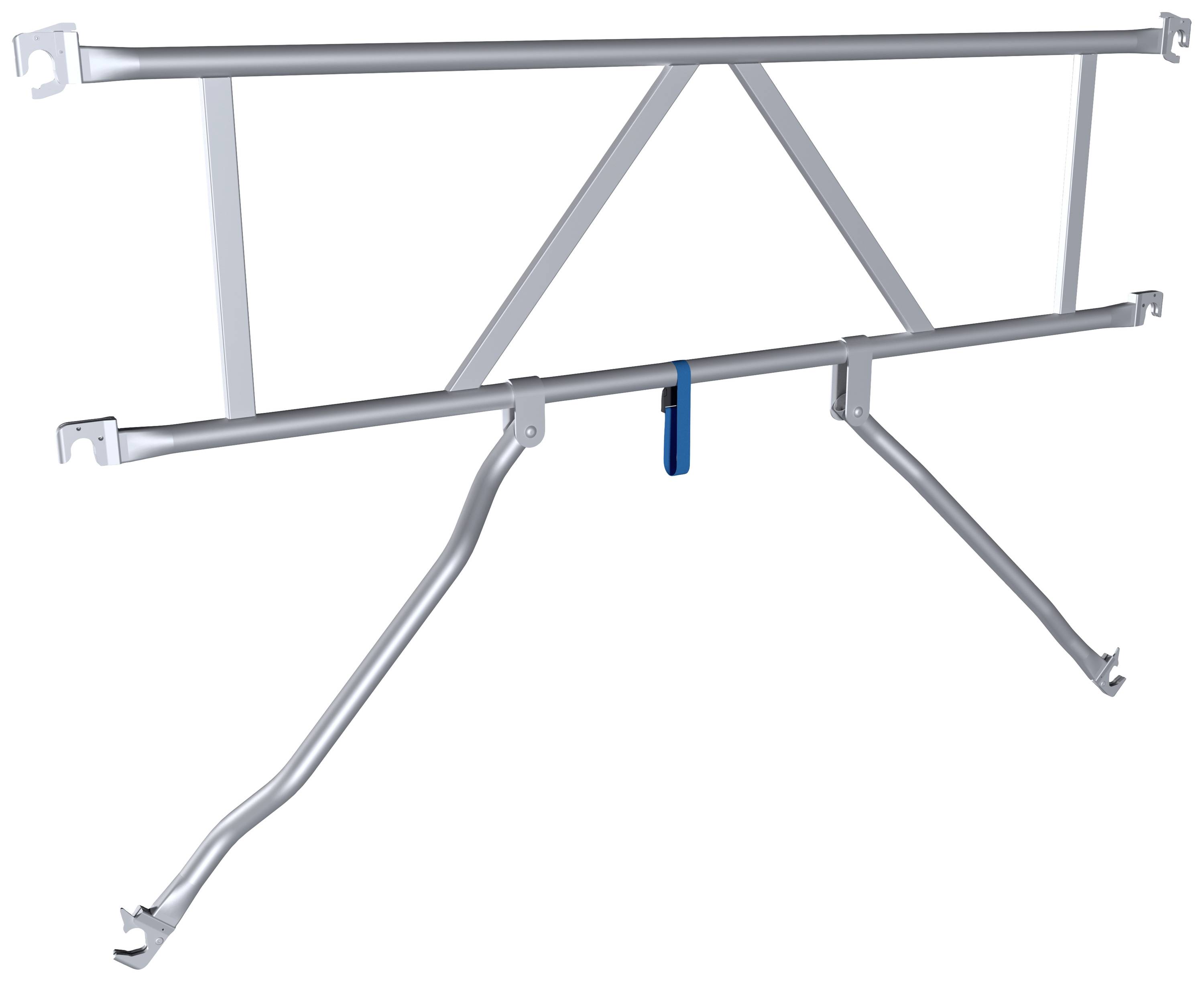 Un porte-bagages en aluminium argenté à construction robuste, avec un système de verrouillage bleu central ; conçu pour une fixation sécurisée sur les véhicules.