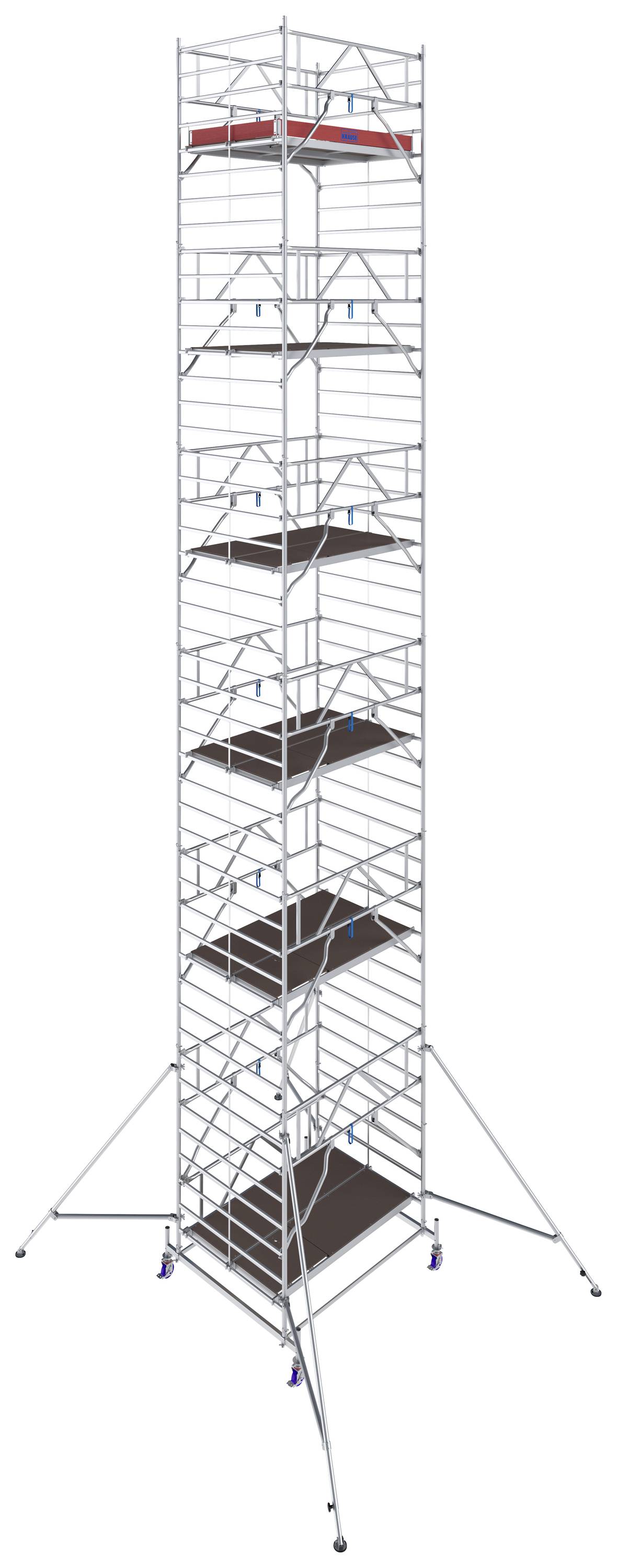 Un échafaudage métallique élevé à plusieurs niveaux, utilisé pour des travaux de construction ou de maintenance, est solidement installé avec des supports supplémentaires.
