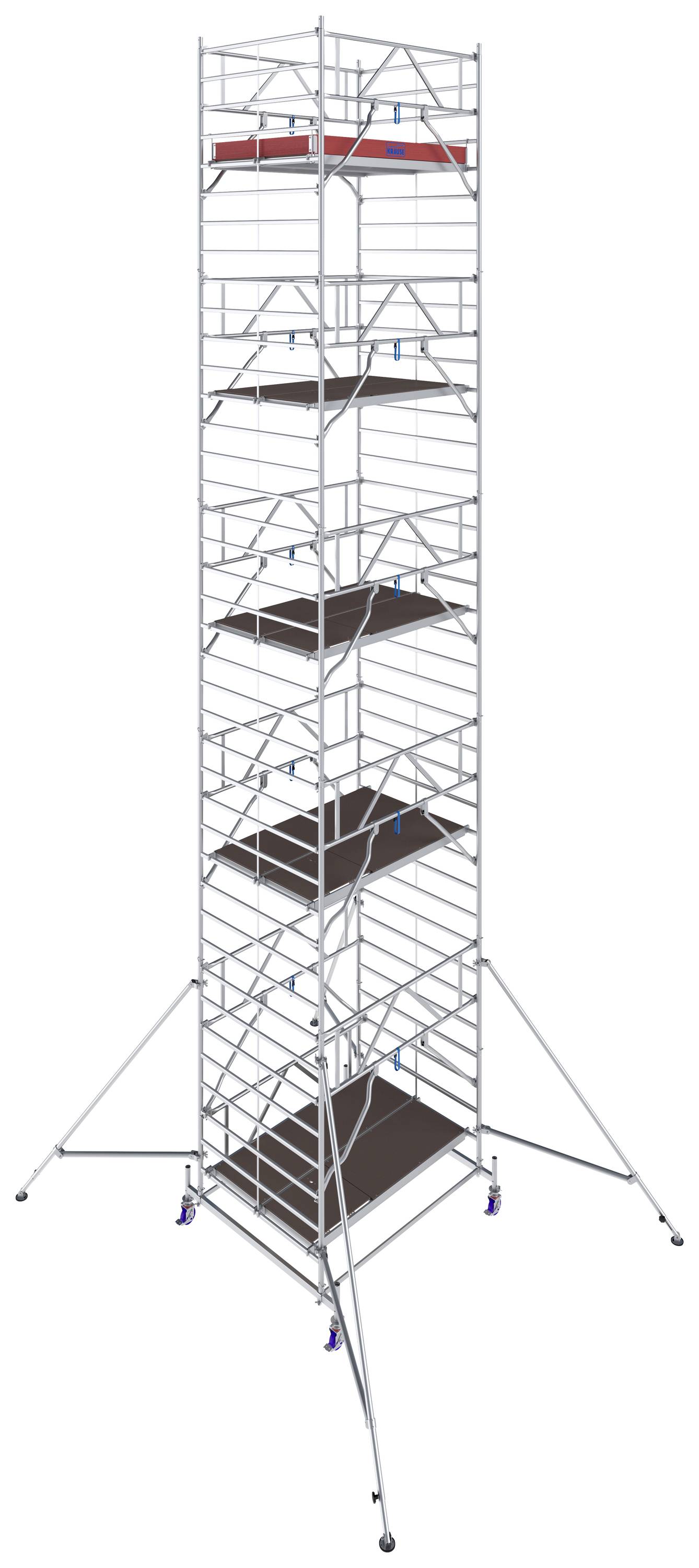 Un échafaudage roulant élevé avec plusieurs niveaux de plateforme, renforcé par des entretoises diagonales. Il dispose de stabilisateurs sur les côtés pour assurer sa stabilité.