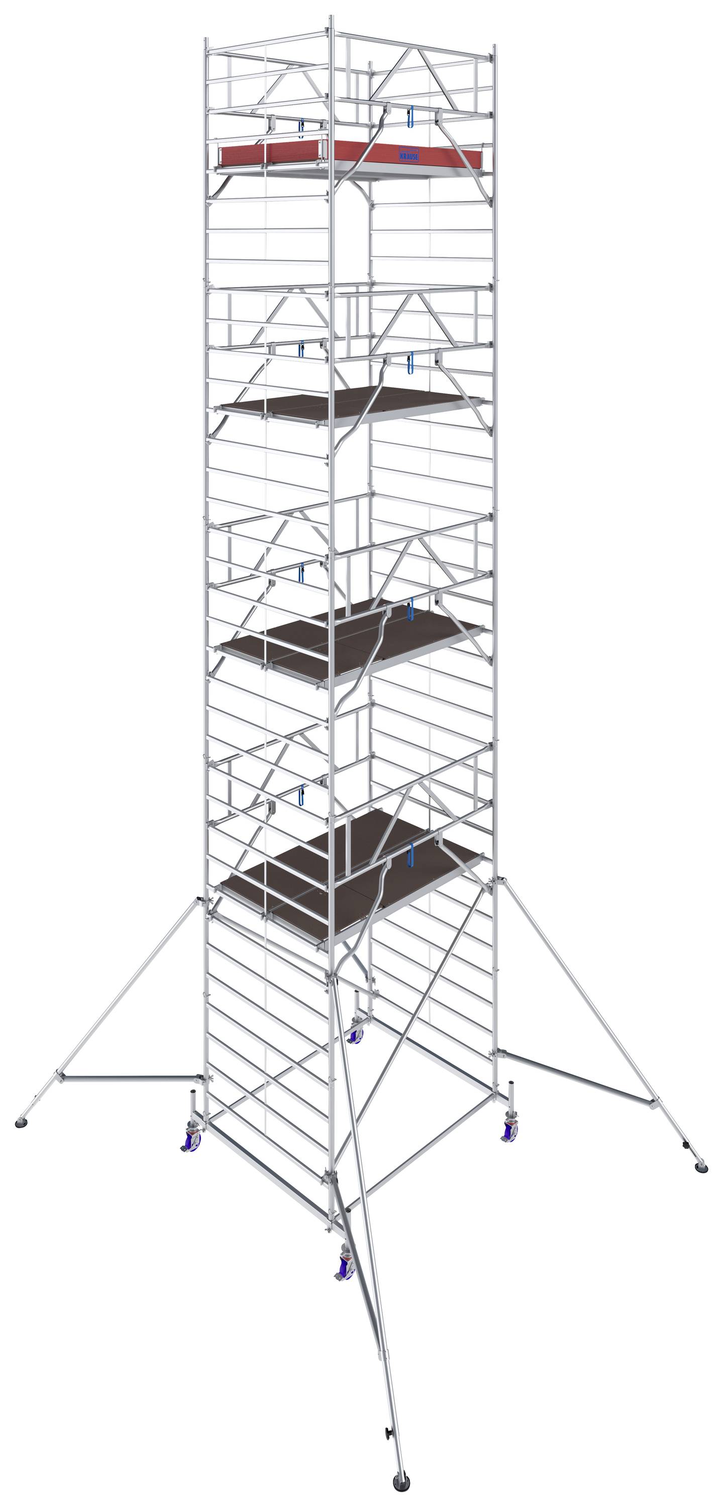 Un échafaudage à plusieurs niveaux avec différentes surfaces de marche et supports, adapté aux travaux de construction ou de rénovation. Structure de base stable.