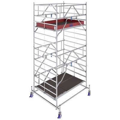 Tour d'échafaudage métallique avec plusieurs plateformes, garde-corps et roulettes. Adaptée aux travaux de construction ou de réparation en hauteur.