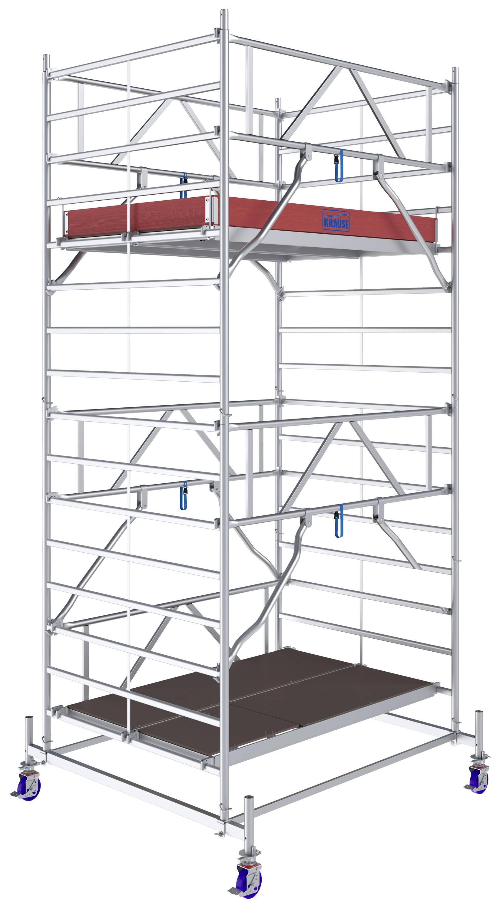 Un échafaudage mobile en aluminium avec deux plateformes à différentes hauteurs et des roulettes bleues pour un déplacement facile.