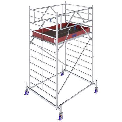Un échafaudage mobile sur roulettes bleues, adapté aux travaux en hauteur. Il est composé de montants métalliques et possède une plateforme de travail rouge.