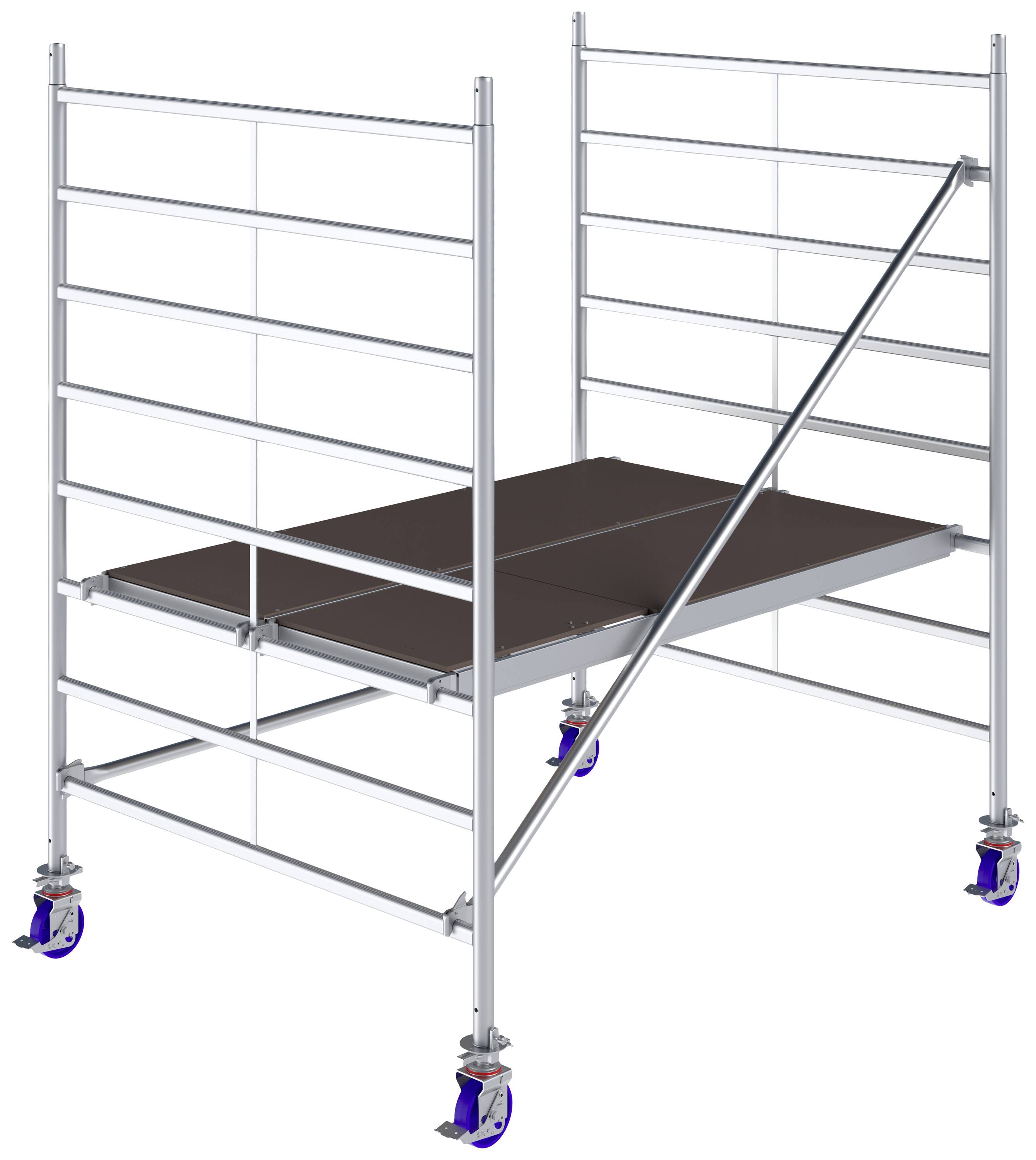 Échafaudage métallique avec une plateforme, des garde-corps latéraux et des roulettes bleues. Il sert d'échafaudage de tour pour les travaux en hauteur.