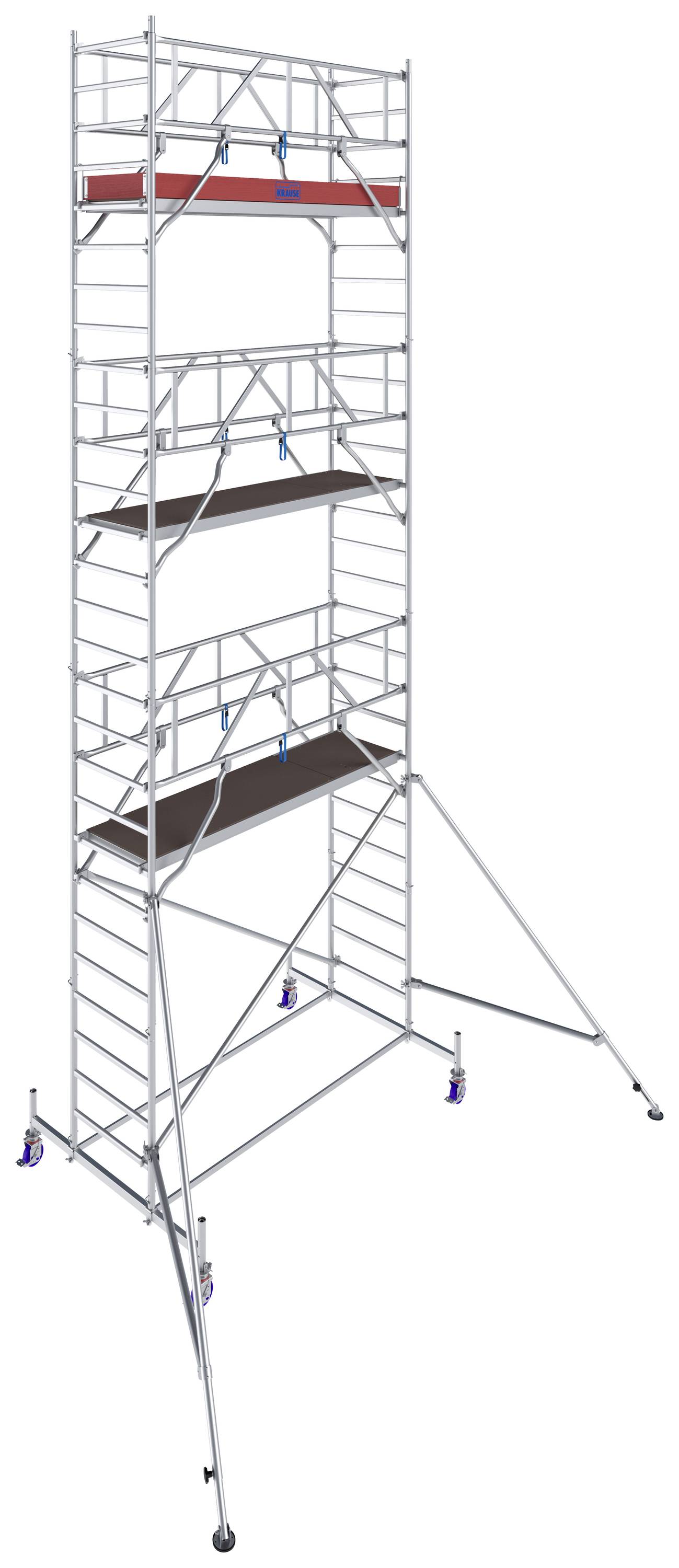 Un échafaudage en aluminium de grande hauteur avec plusieurs plateformes. Il possède des stabilisateurs à la base pour assurer sa stabilité. Présenté sur un fond blanc.