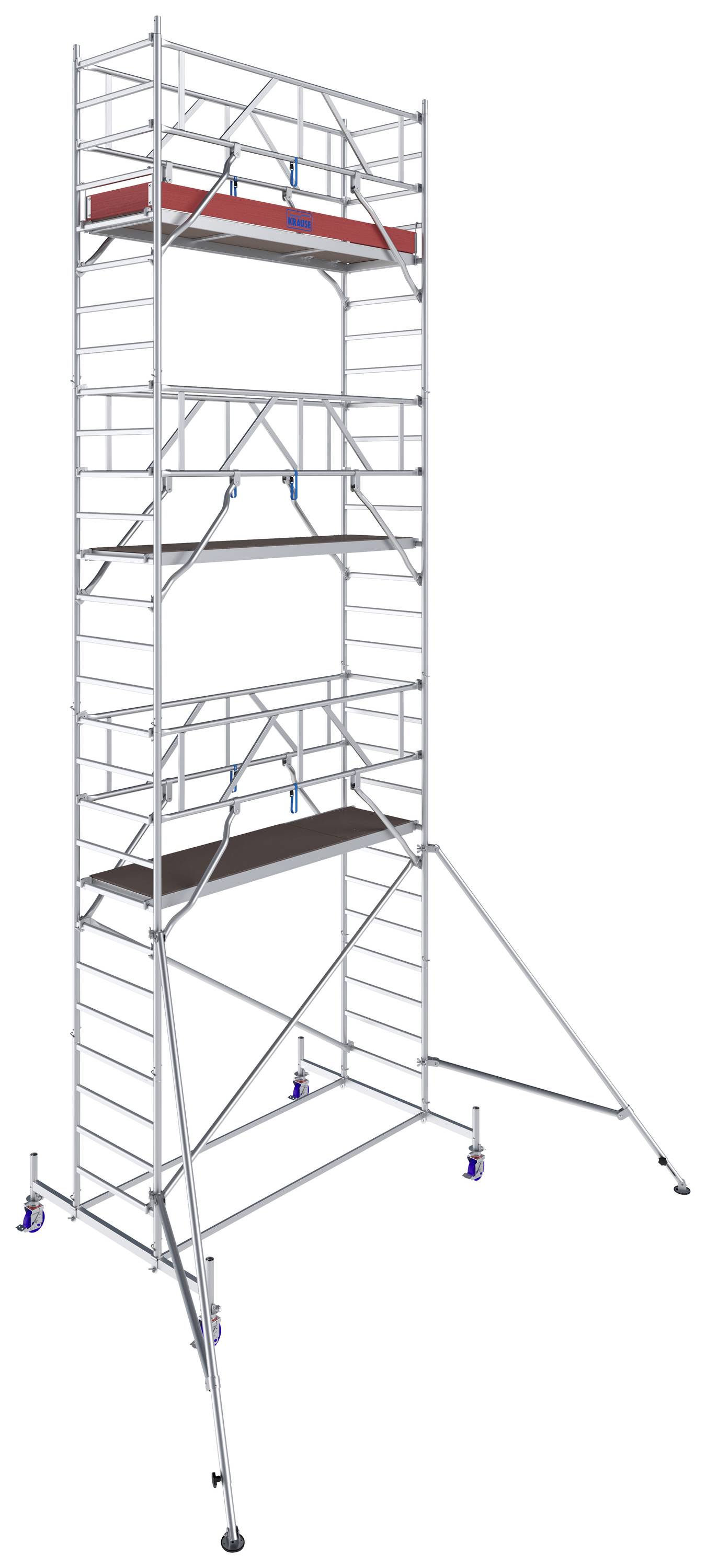 Un échafaudage métallique haut et multiplateforme avec quatre plateformes, des échelles latérales et des supports de stabilisation sur les côtés.