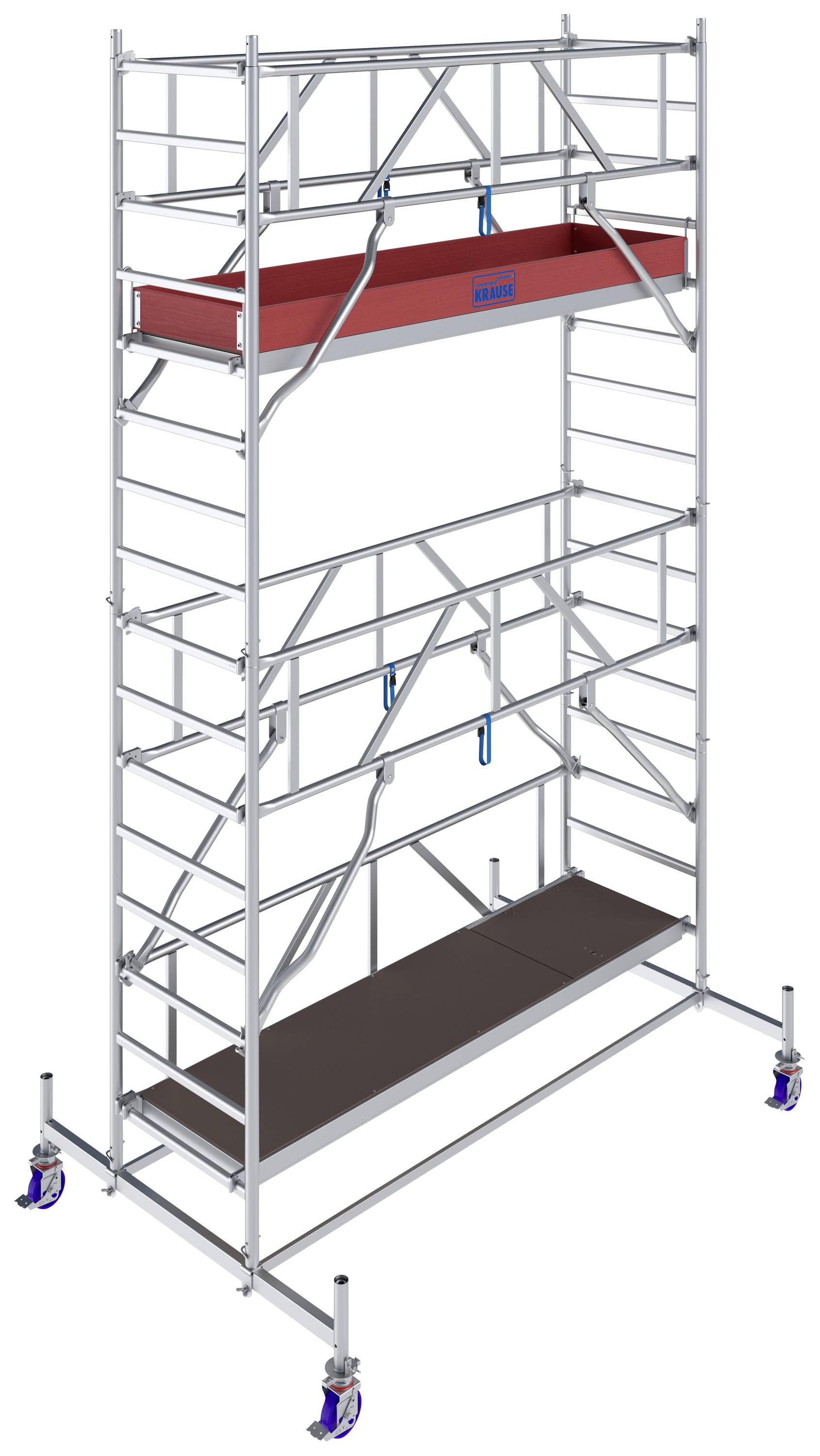 Un échafaudage mobile en métal à deux niveaux de plateformes. Une tablette rouge en haut, une plateforme marron en bas. Des roulettes aux pieds.