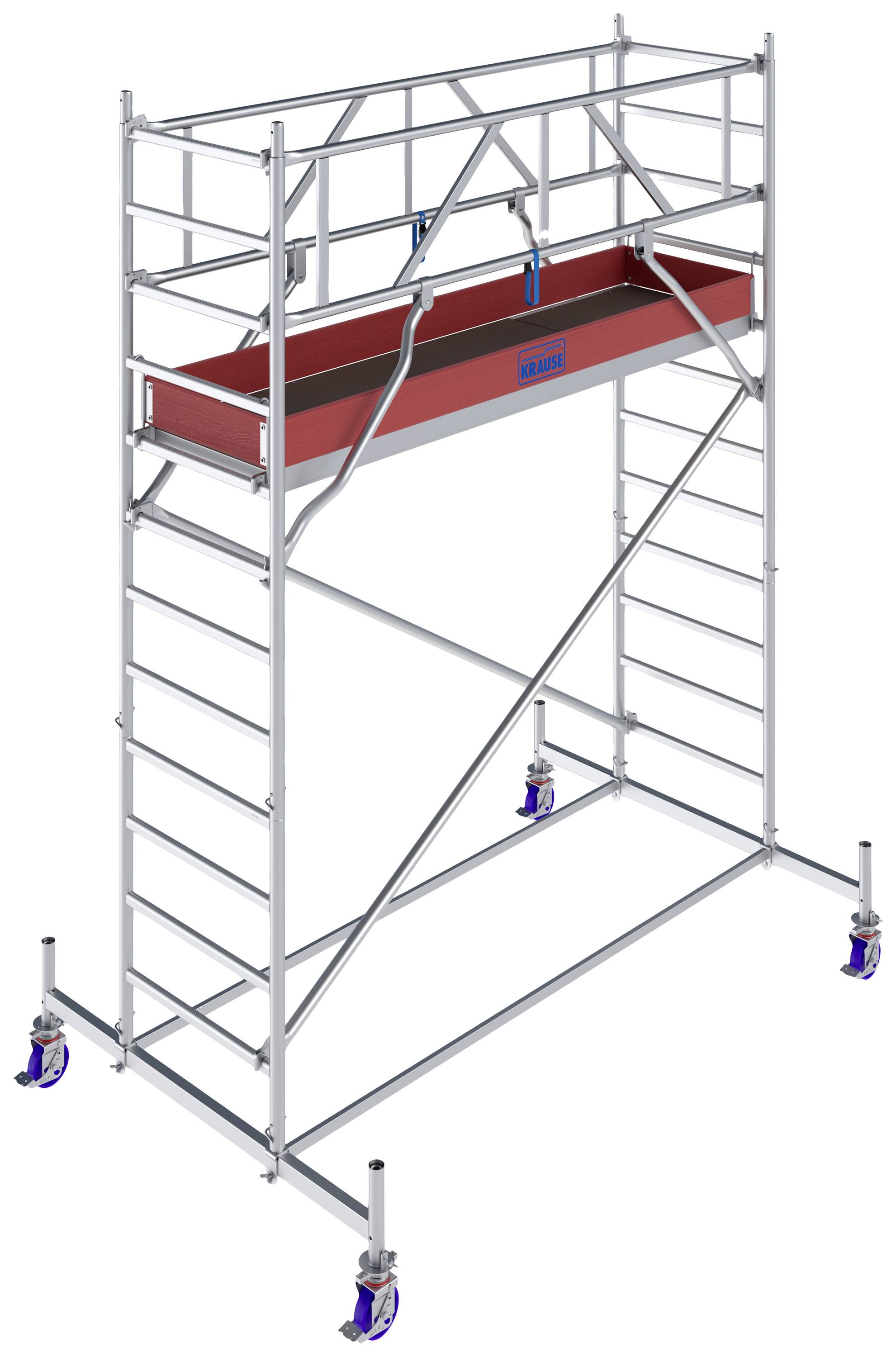 Échafaudage mobile en aluminium, argenté avec plateforme rouge, utilisable pour des travaux de construction ou de rénovation. Stable et mobile avec des roulettes bleues.
