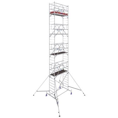 Un échafaudage élevé avec plusieurs plateformes à différents niveaux, sécurisé par des pieds de support et des étais ajustables.