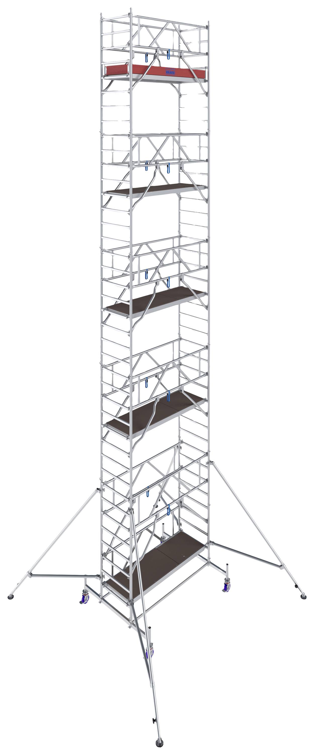 Un échafaudage élevé avec plusieurs niveaux et plateformes, soutenu par des entretoises stables et une base large. Il est utilisé pour des travaux en hauteur.