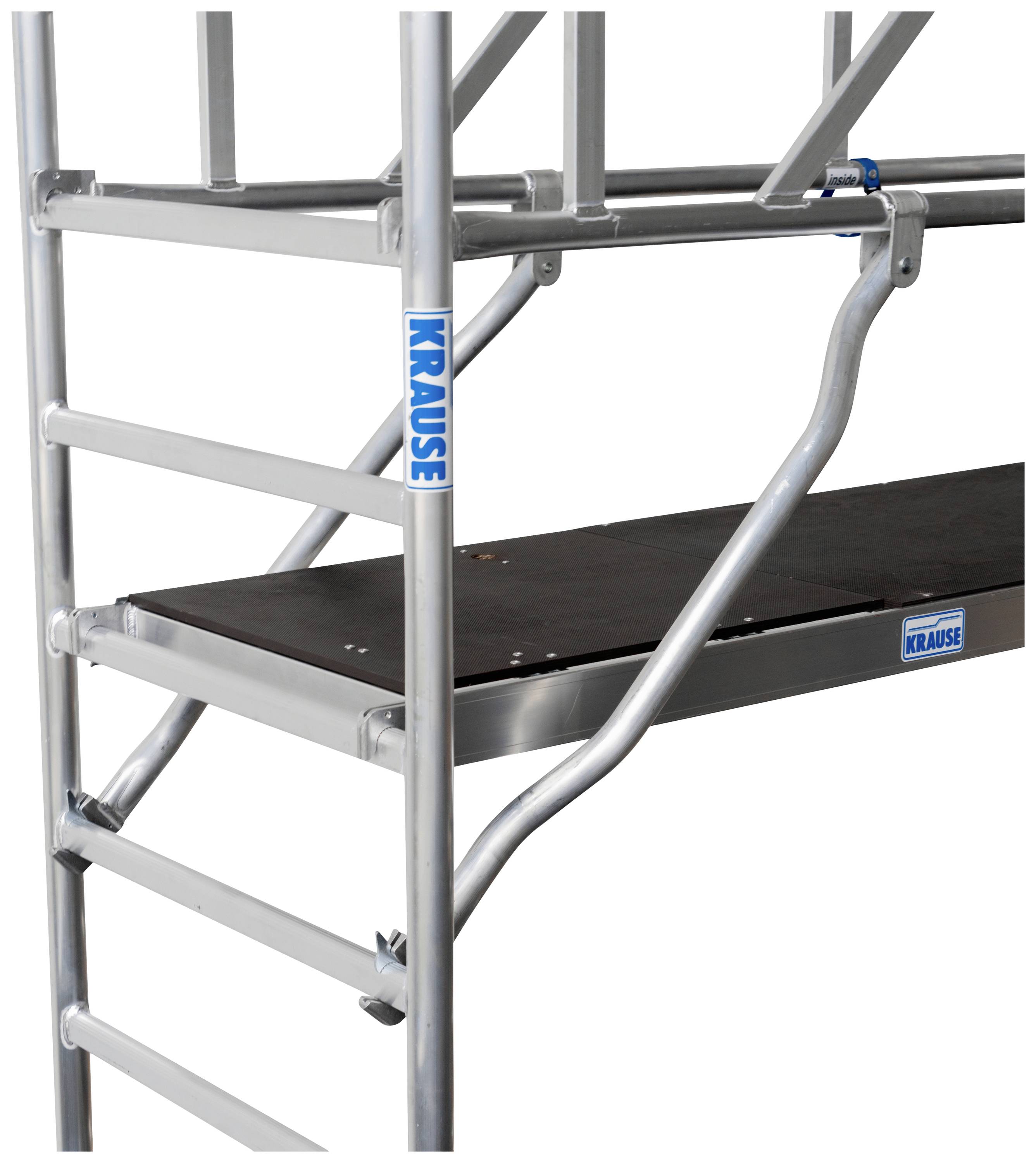 Un élément d'échafaudage avec plateforme et échelle en métal argenté, de la marque Krause, destiné aux travaux de construction ou artisanaux.