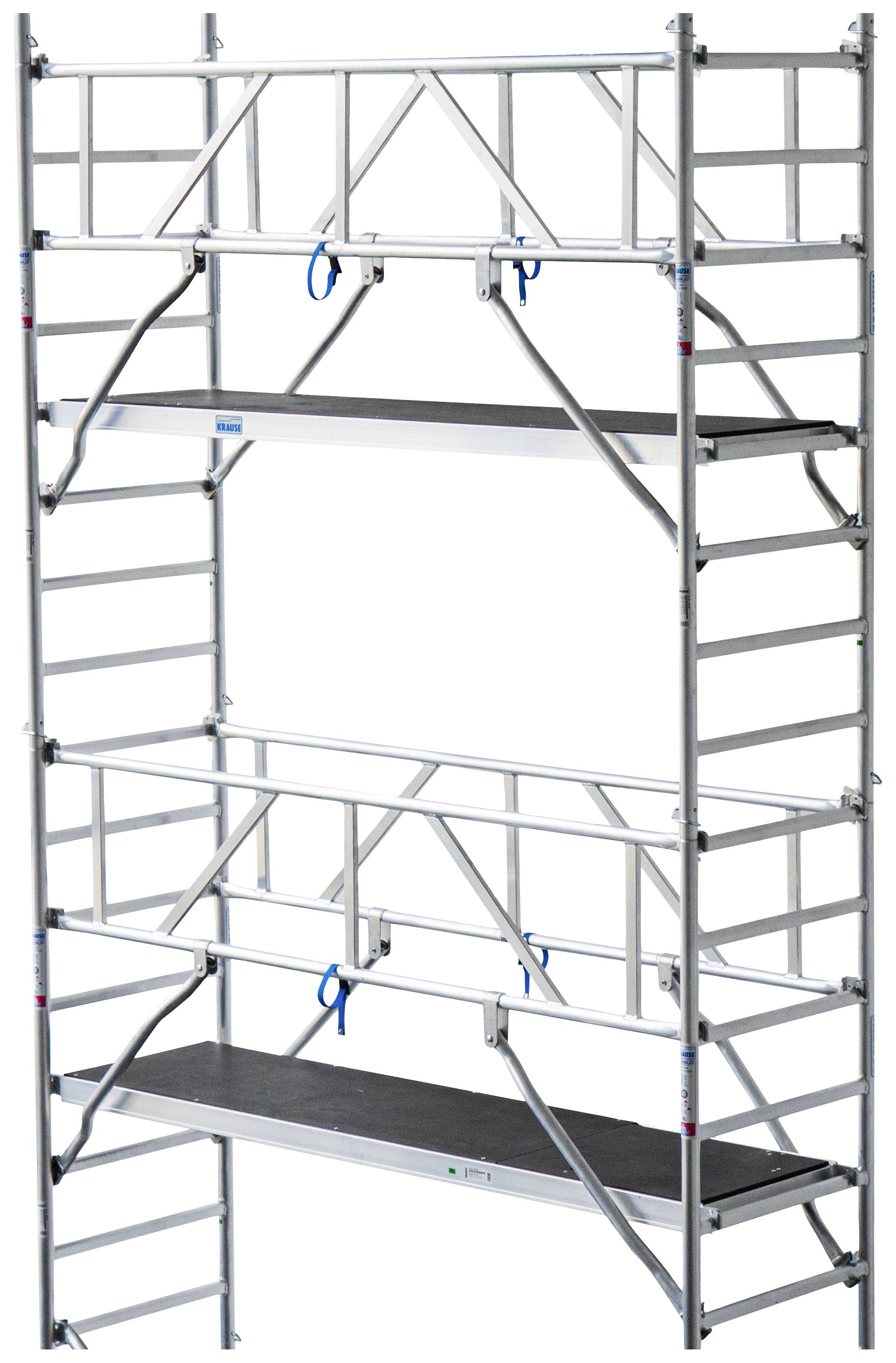 Un échafaudage métallique à plusieurs niveaux avec deux plateformes. Il est équipé d'échelles sur les côtés et sécurisé par des cordes bleues.