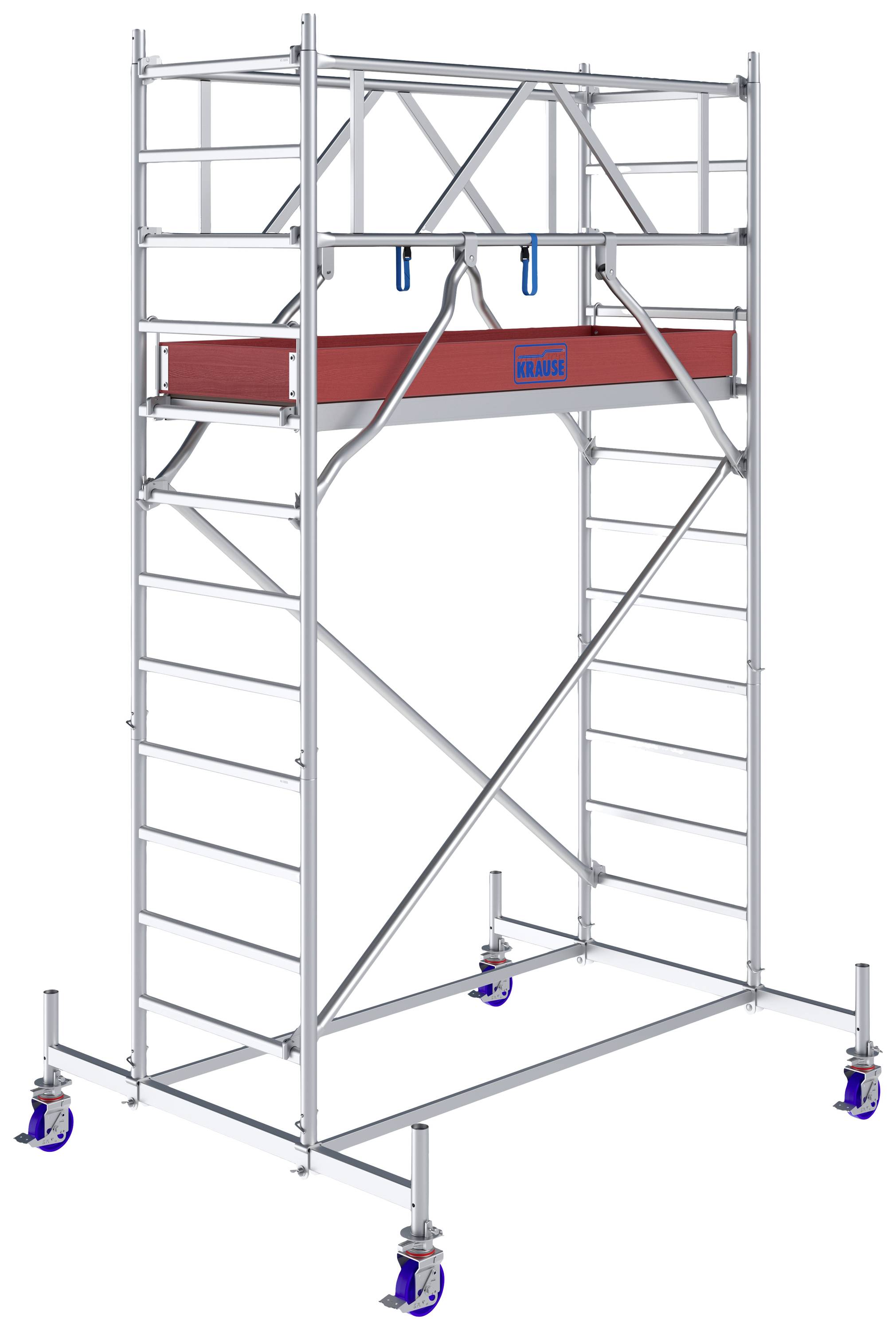 Un échafaudage mobile sur roulettes avec un plateau de travail rouge au centre. Adapté aux travaux de construction ou de maintenance en intérieur.