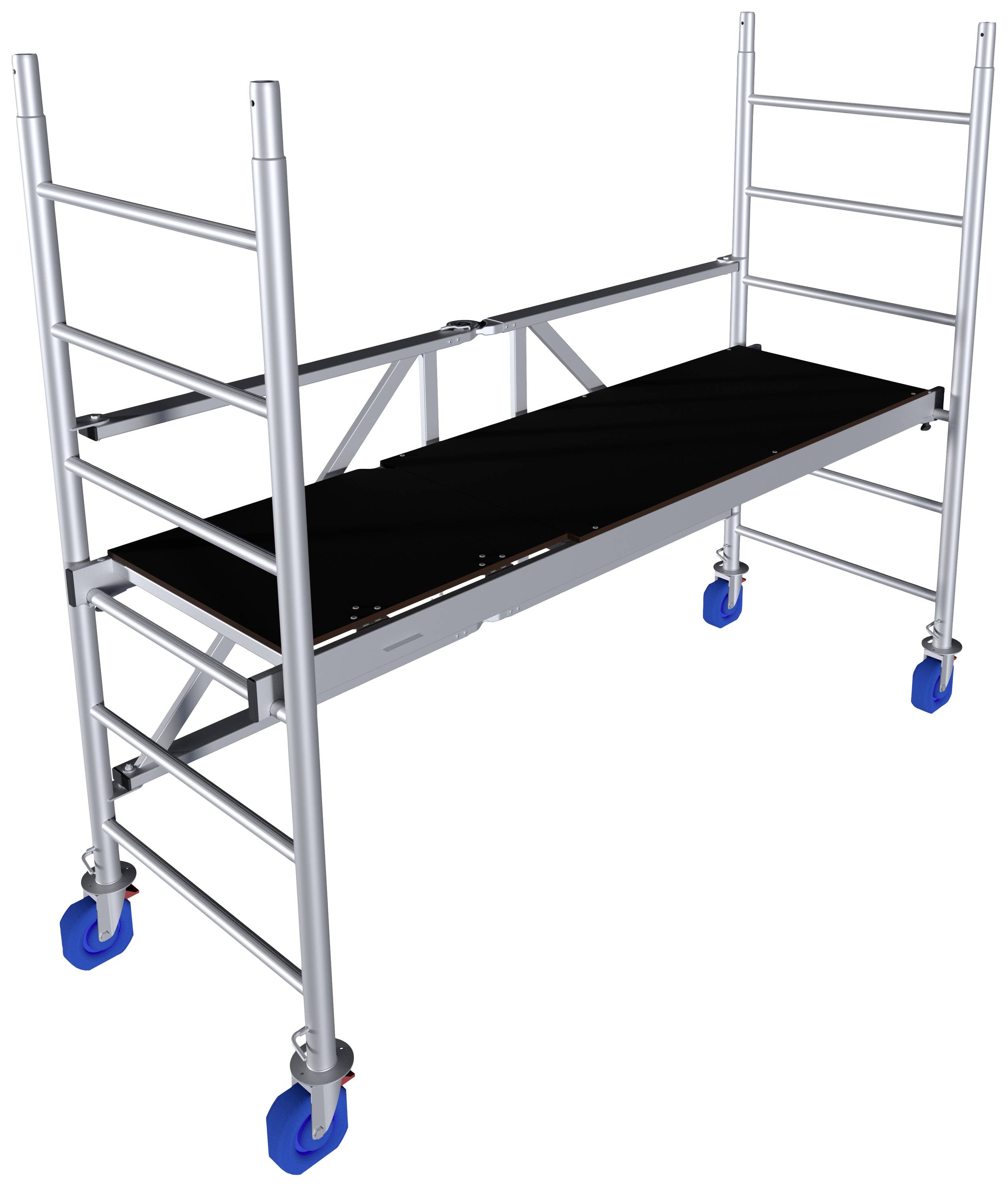 Échafaudage en aluminium avec des roulettes bleues aux pieds. Plateforme installée à mi-hauteur. Adapté aux travaux de construction ou de rénovation.