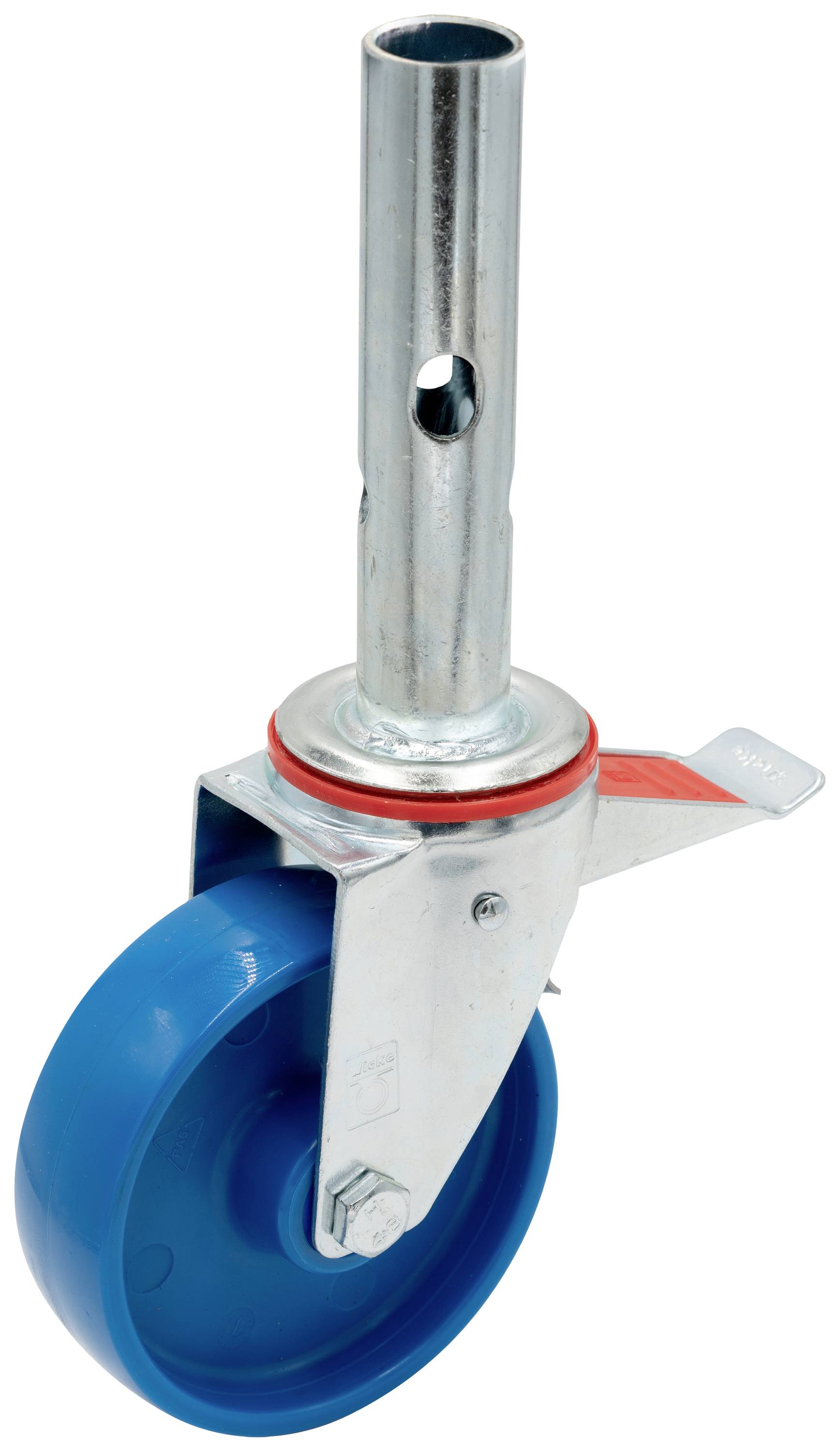 Une roue bleue avec support métallique et frein. La roue est prévue pour être utilisée sur un appareil ou un chariot.
