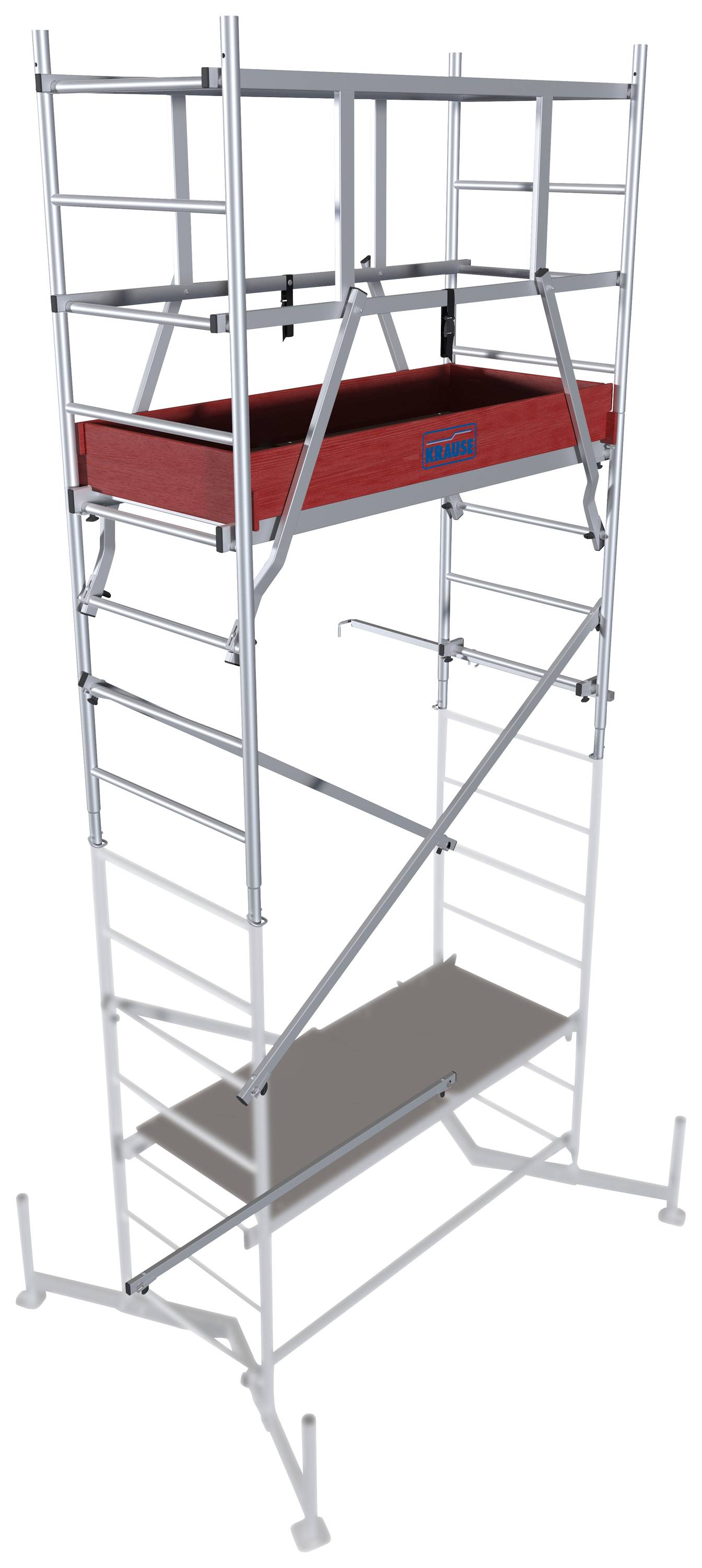 Échafaudage en aluminium avec plateforme rouge et stabilisateurs, adapté aux travaux en hauteur. Structure robuste et mobile.