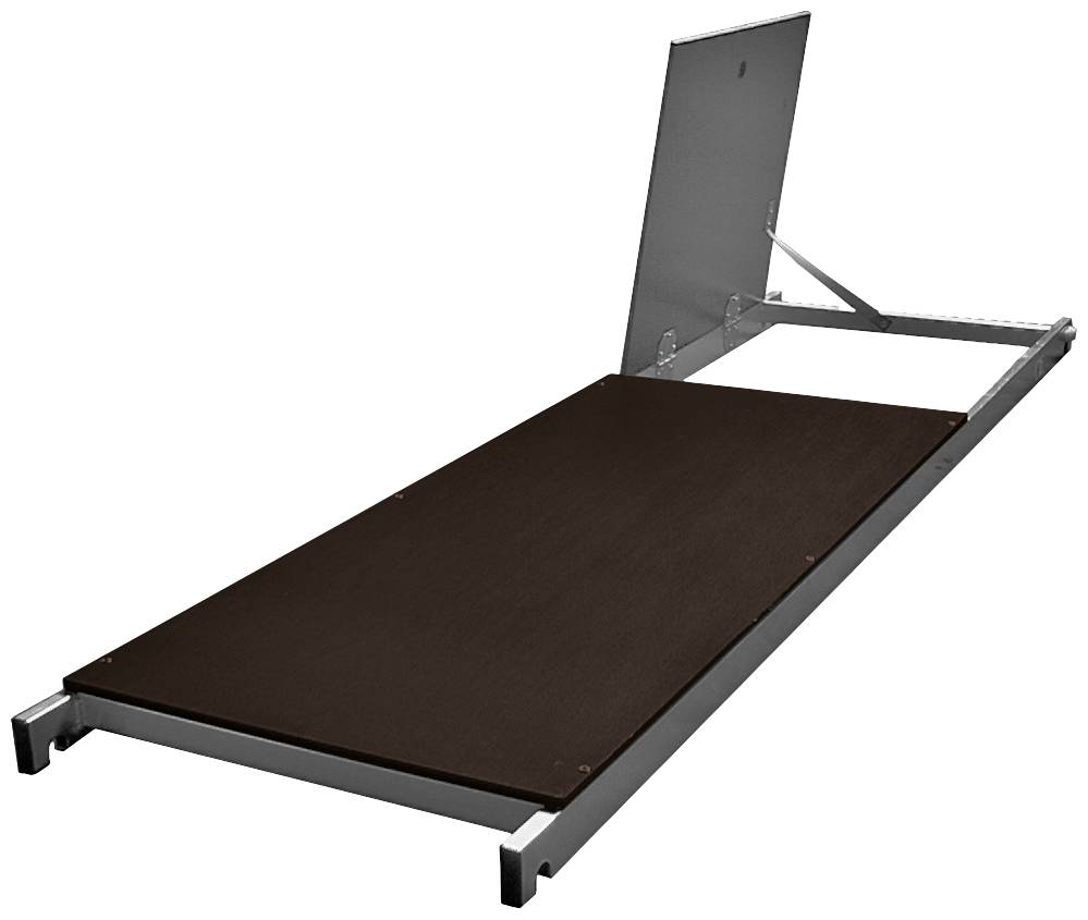 Un support pliable avec un cadre en métal et une planche en bois, posé au sol. Potentiellement utilisable pour le stockage ou le transport.