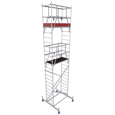 'Tour d'échafaudage en aluminium avec deux plateformes, planches rouges et noires à différentes hauteurs, équipée de roulettes bleues pour la mobilité.'